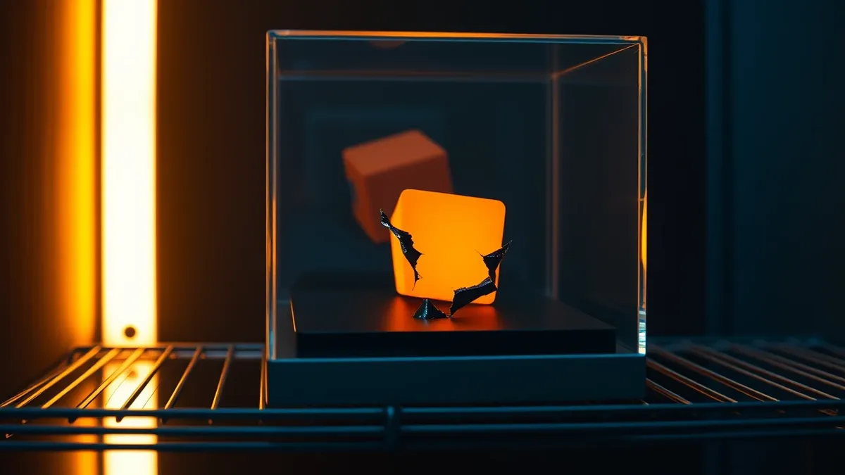 Illustration: A translucent glass box sits on a metallic shelf, containing a small, glowing orange cube that has slipped through a cracked barrier.