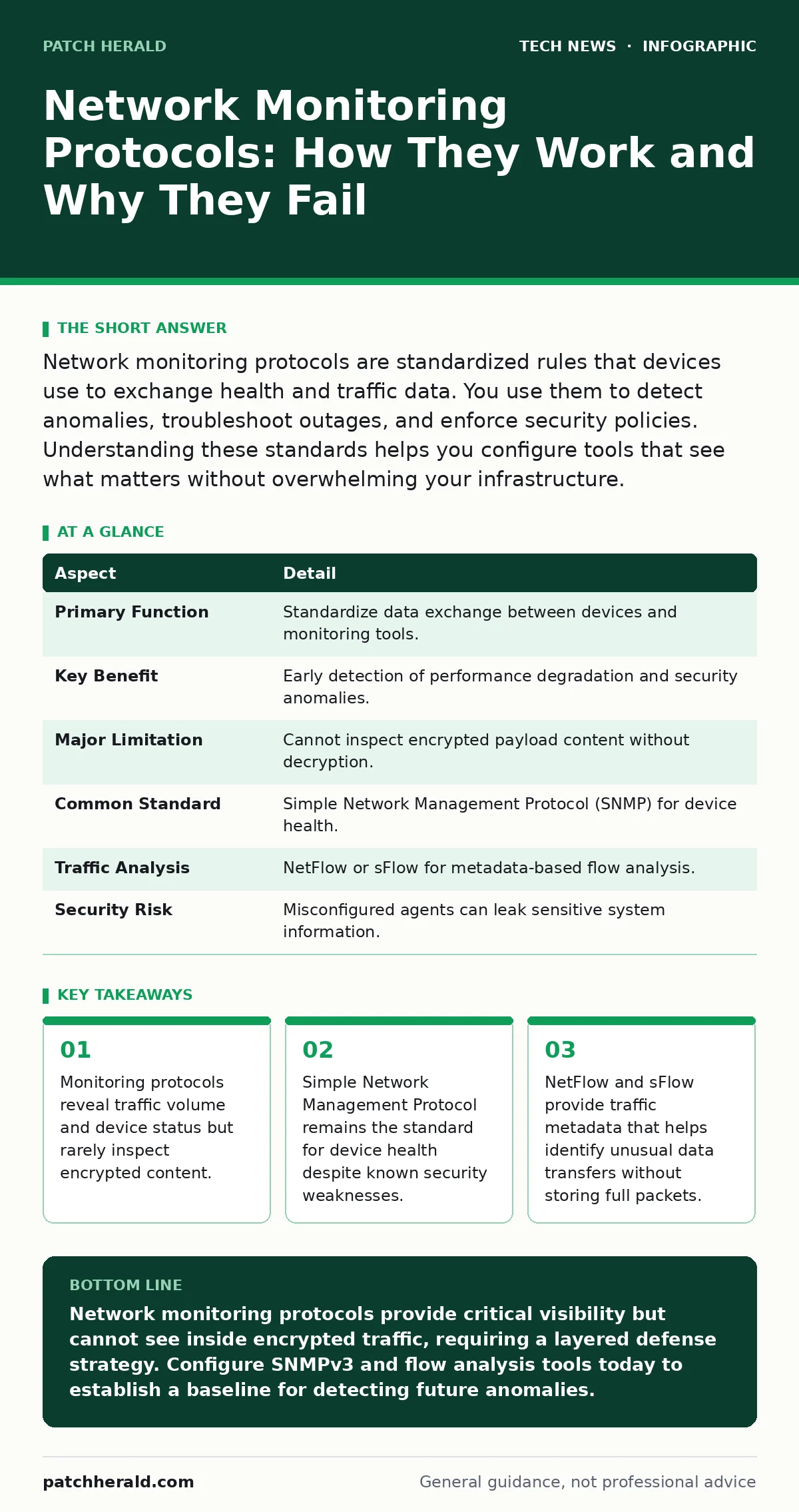 Infographic: Network Monitoring Protocols: How They Work and Why They Fail. Monitoring protocols reveal traffic volume and device status but rarely inspect encrypted content. Simple Network Management Protocol remains the standard for device health despite known security weaknesses. NetFlow and sFlo