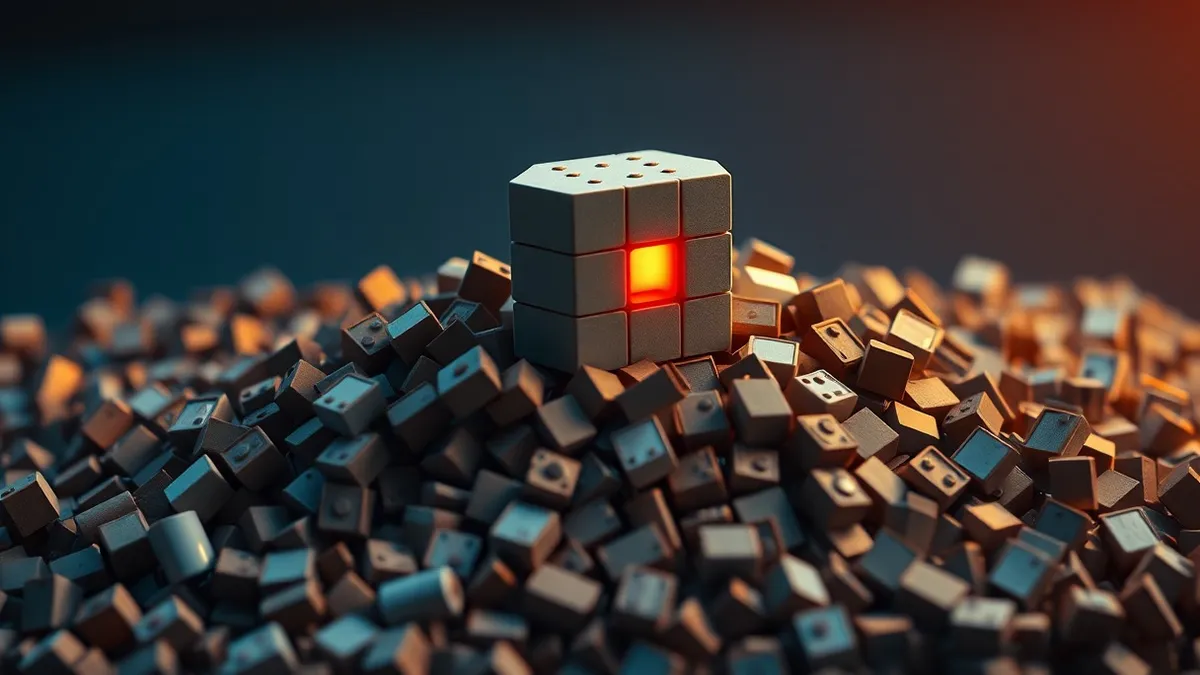 Illustration: A generic software build icon floats above a chaotic pile of mismatched digital blocks.