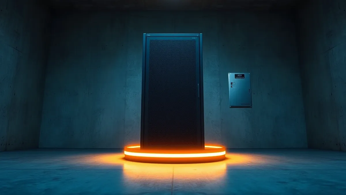 Illustration: A single server rack stands inside a concrete room.