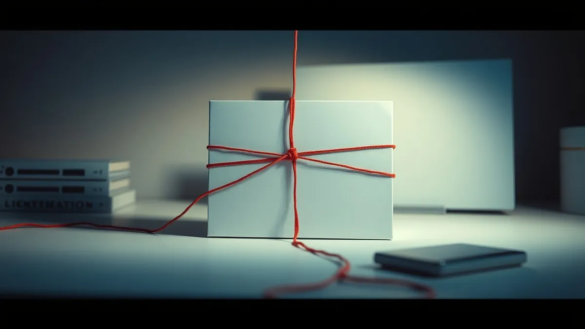 Illustration: A sleek, standalone software license box sits on a clean white desk, its surface blank and smooth.