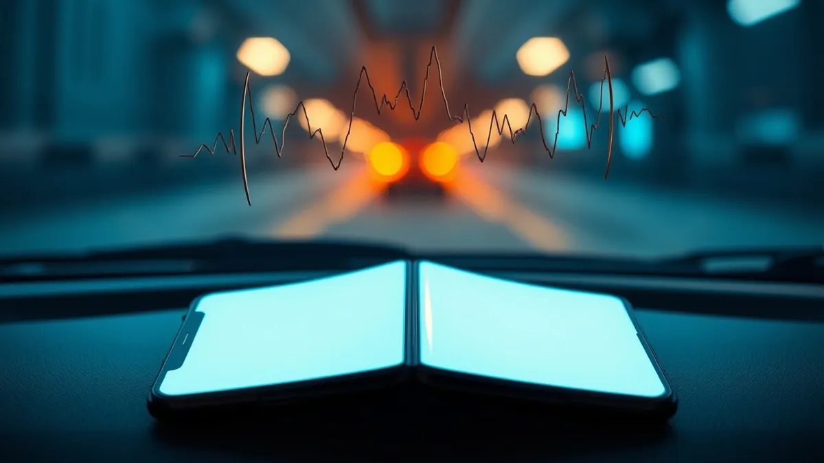 Illustration: A foldable smartphone lies open on a smooth dashboard surface, its blank screen reflecting soft interior light.