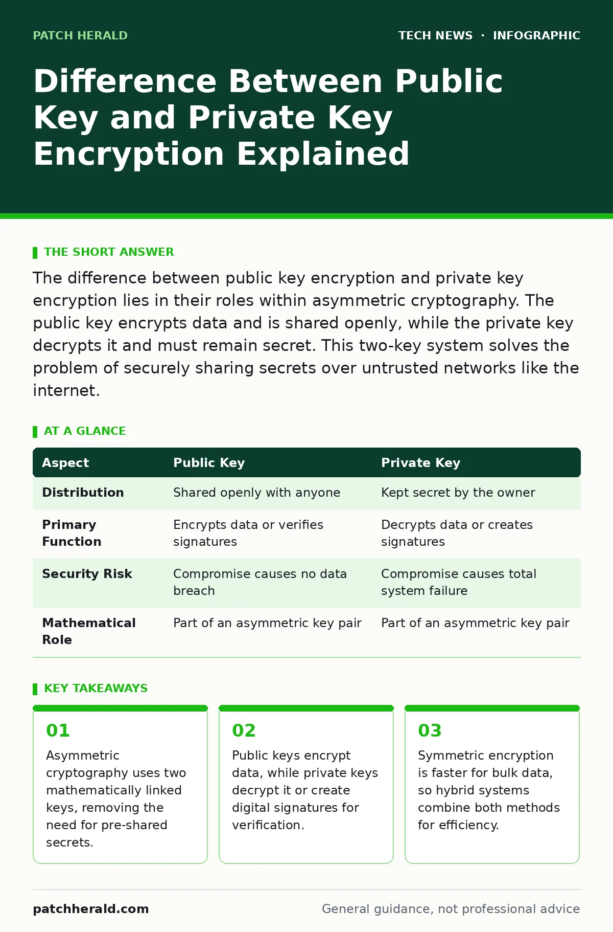 Infographic: Difference Between Public Key and Private Key Encryption Explained. Asymmetric cryptography uses two mathematically linked keys, removing the need for pre-shared secrets. Public keys encrypt data, while private keys decrypt it or create digital signatures for verification. Symmetric enc