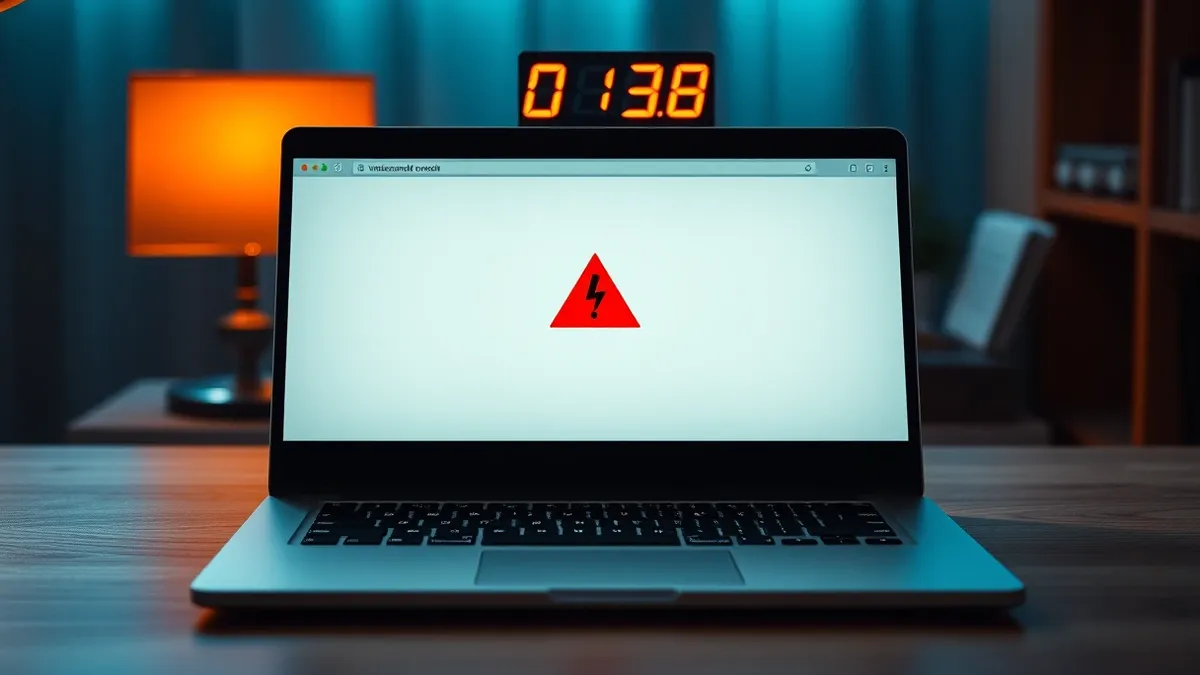 Illustration: A sleek laptop sits open on a wooden desk, its screen displaying a blank white browser window with a single, pulsing red warning icon in the center.