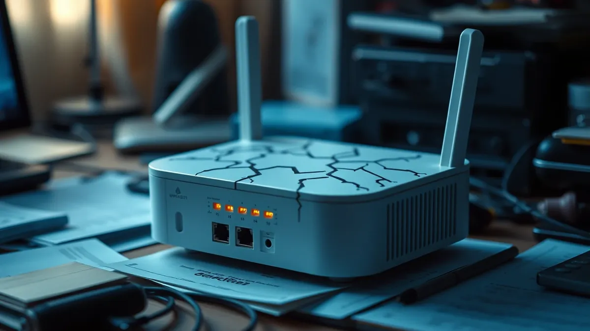 Illustration: A compact white wireless router sits on a cluttered desk, its status LEDs blinking erratically.