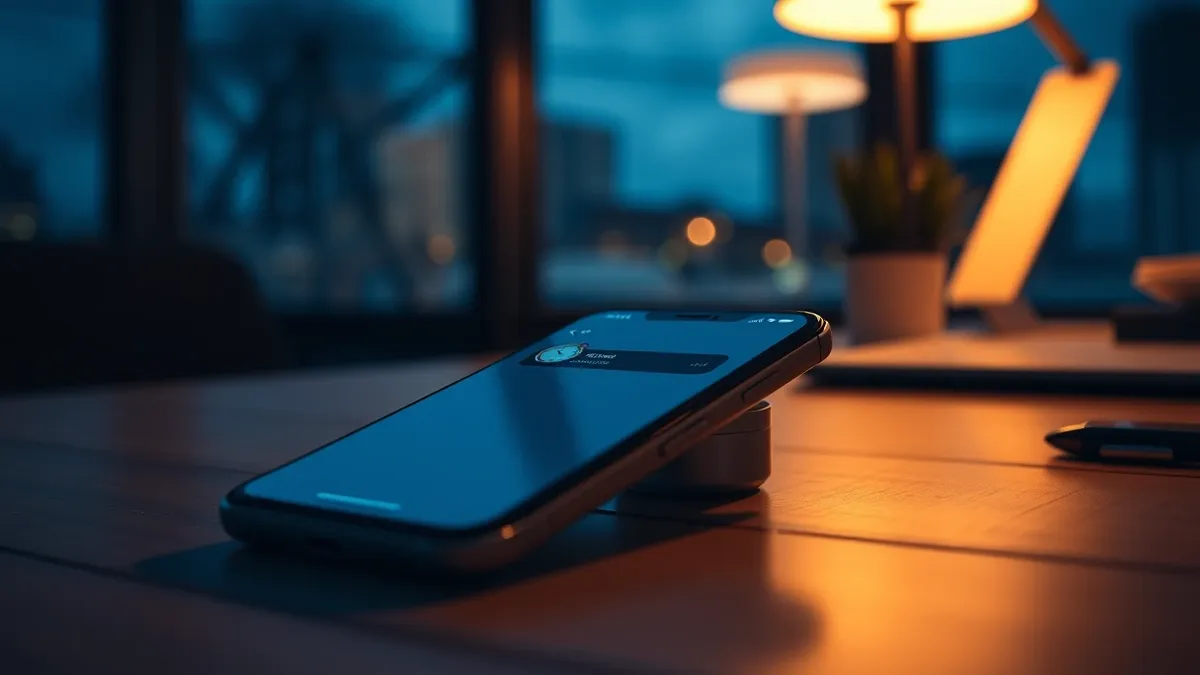 Illustration: A smartphone rests on a wooden desk, its screen displaying a messaging app interface with a prominent clock icon and a long horizontal timer bar.