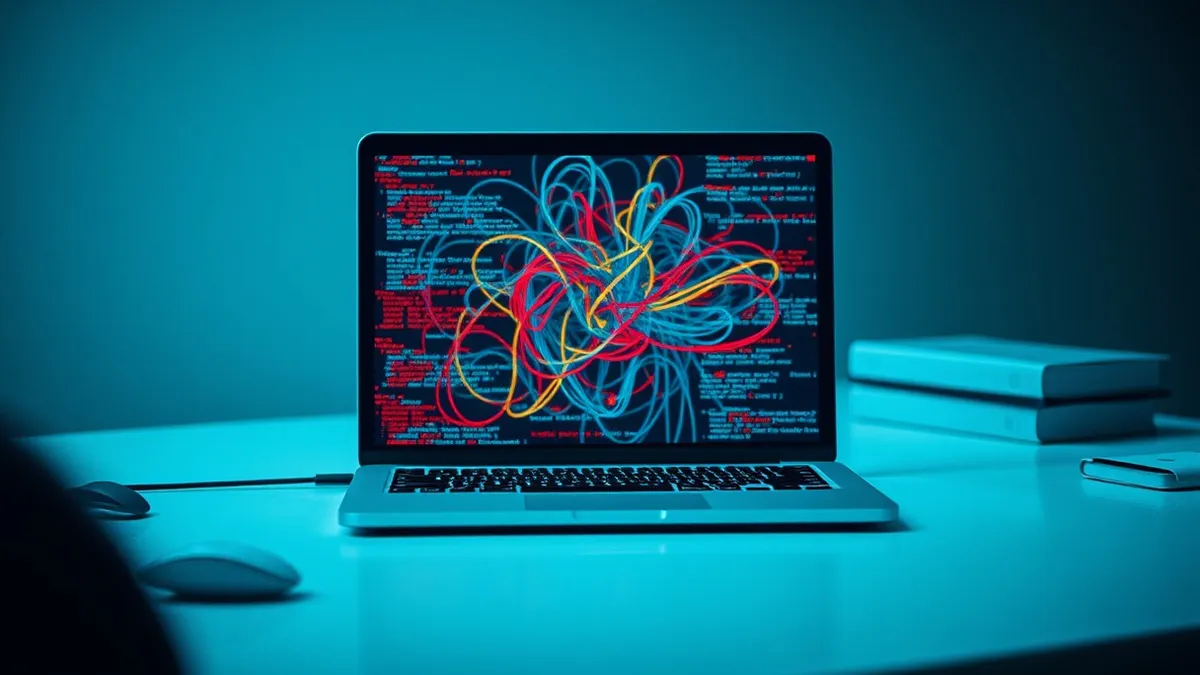 Illustration: A single open laptop sits on a clean desk, its screen filled with dense, tangled lines of colorful code that twist into chaotic, unreadable knots.