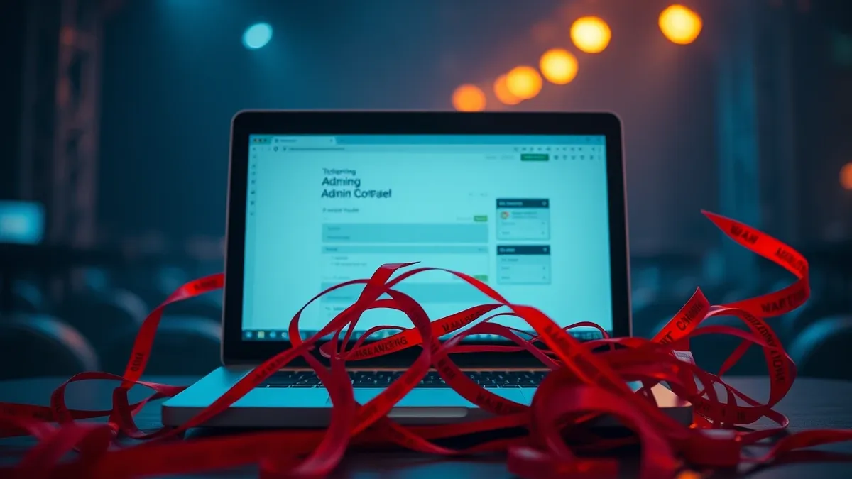 Illustration: An open laptop displays a blank ticketing interface with a prominent admin control panel active on the screen.