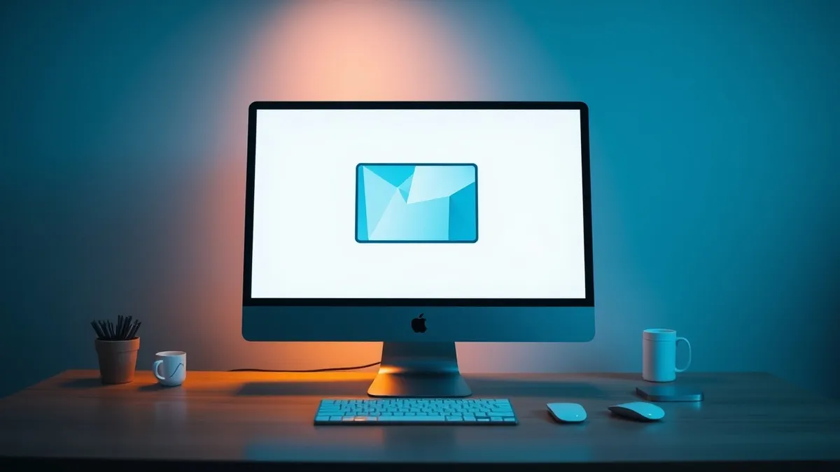 Illustration: A sleek silver desktop computer sits on a minimalist wooden desk.