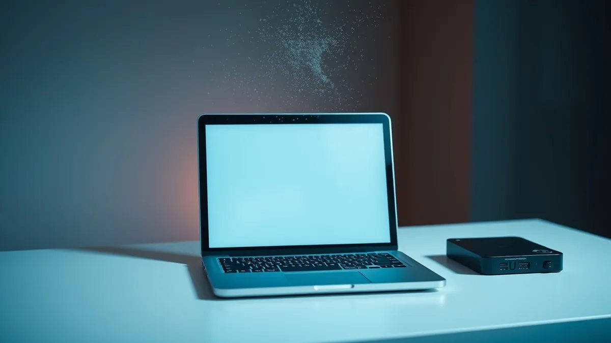 Illustration: A silver laptop sits closed on a clean white desk next to a blank external hard drive.