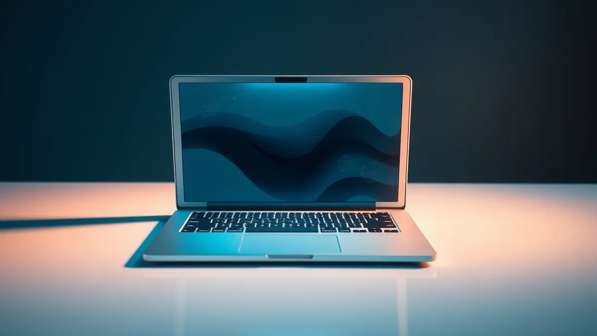 Illustration: A silver laptop sits open on a clean white surface, its lid displaying subtle geometric patterns representing AI processing.