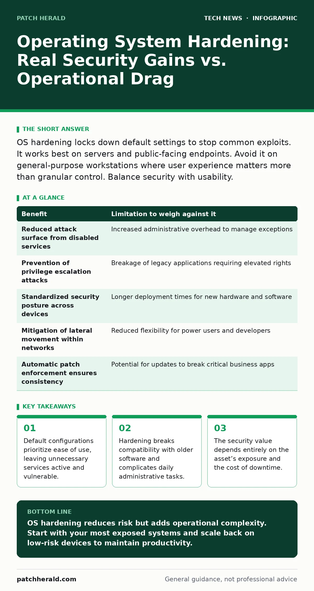 Infographic: Operating System Hardening: Real Security Gains vs. Operational Drag. Default configurations prioritize ease of use, leaving unnecessary services active and vulnerable. Hardening breaks compatibility with older software and complicates daily administrative tasks. The security value depe