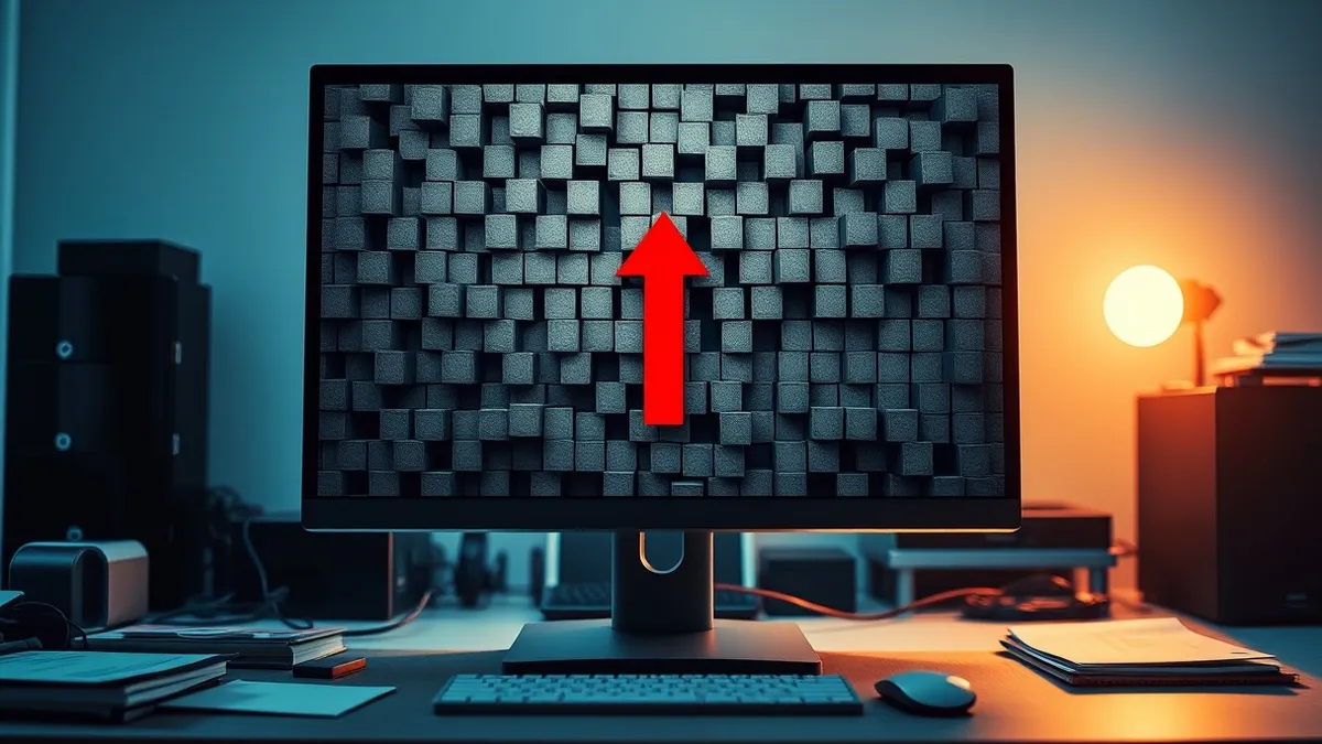 Illustration: A sleek computer monitor sits on a cluttered desk, its screen displaying a dense, abstract maze of grey geometric blocks that obstruct the view.