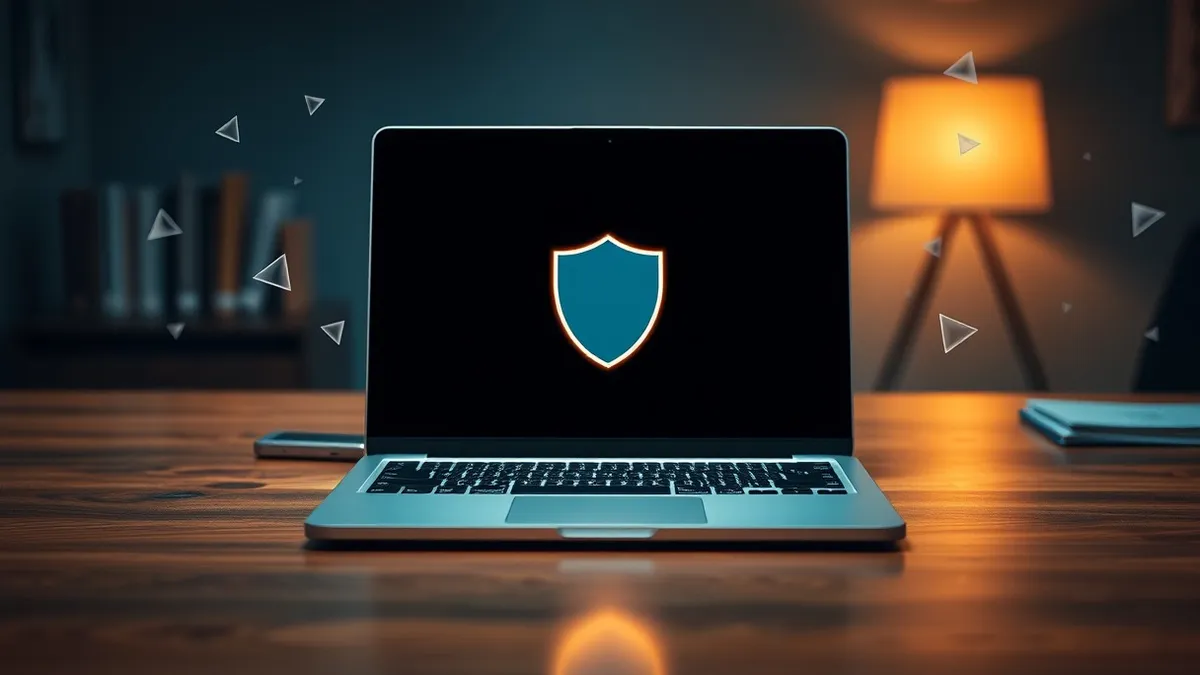 Illustration: A sleek silver laptop sits on a wooden desk with its screen displaying a blank, glowing shield icon.