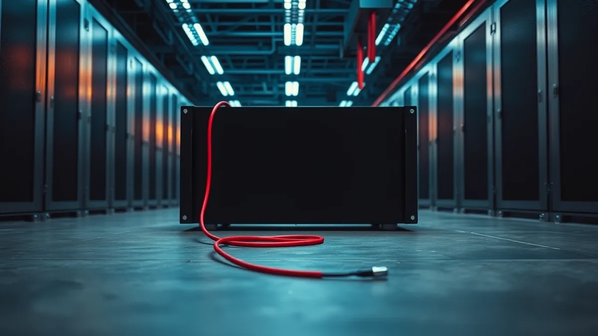 Illustration: A sleek black server appliance sits on a concrete floor, its blank front panel reflecting cool overhead lights.