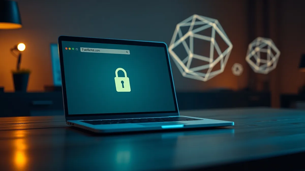 Illustration: A sleek laptop rests on a wooden desk, its screen displaying a web browser window with a prominent padlock icon in the address bar.