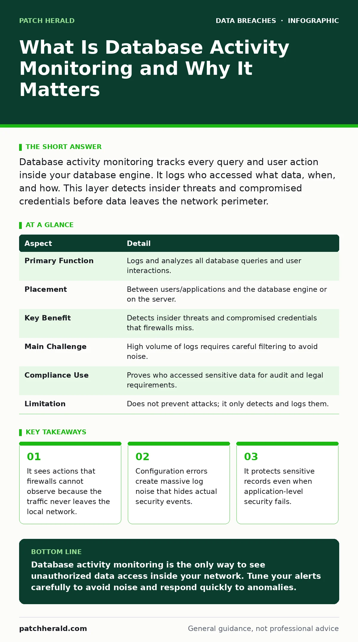 Infographic: What Is Database Activity Monitoring and Why It Matters. It sees actions that firewalls cannot observe because the traffic never leaves the local network. Configuration errors create massive log noise that hides actual security events. It protects sensitive records even when application