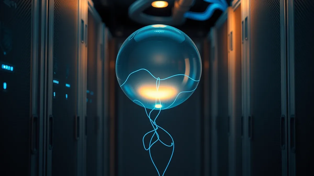 Illustration: A transparent glass sphere floats above a server rack, capturing faint blue streams of data slipping through the gaps between metal blades.