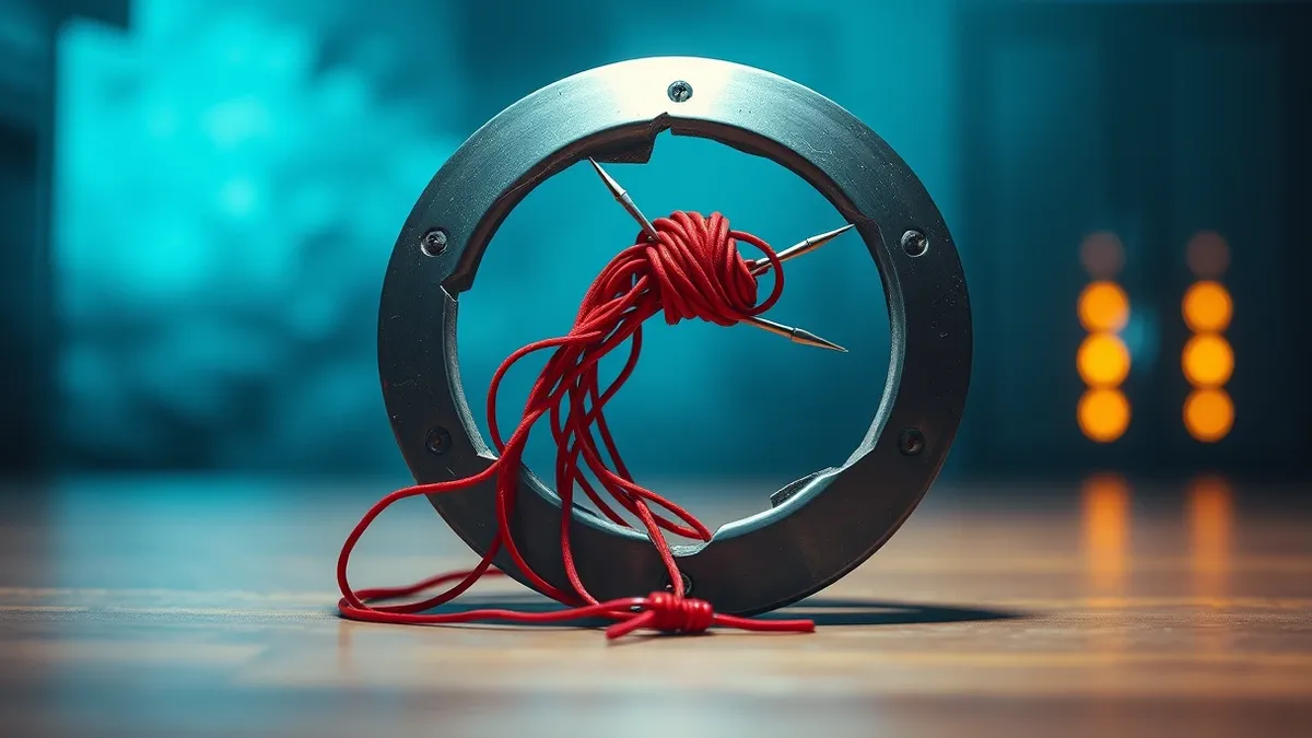Illustration: A tangled knot of red threads snakes through a broken metal shield, piercing the hollow center of a blank digital sphere.