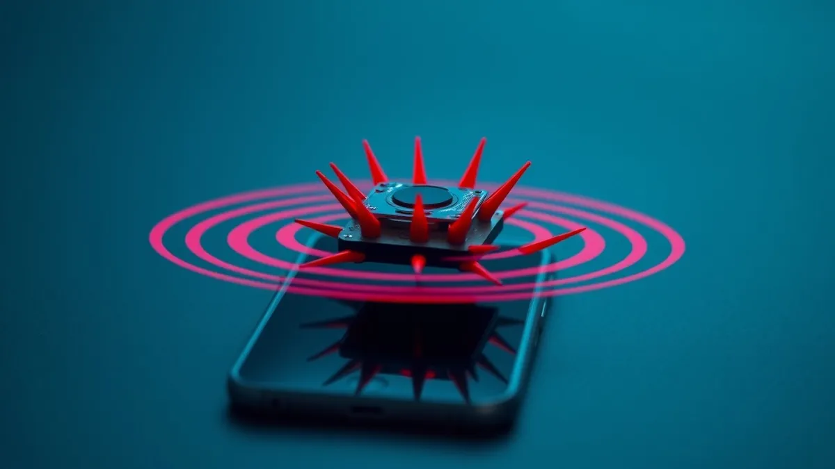 Illustration: A small electronic device floats in mid-air, emitting invisible concentric rings that distort into jagged red spikes.