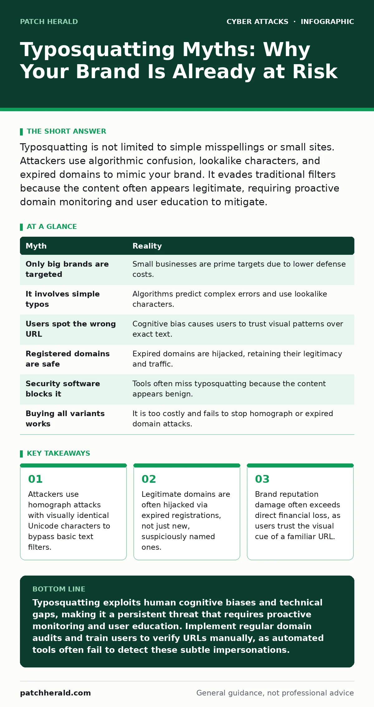Infographic: Typosquatting Myths: Why Your Brand Is Already at Risk. Attackers use homograph attacks with visually identical Unicode characters to bypass basic text filters. Legitimate domains are often hijacked via expired registrations, not just new, suspiciously named ones. Brand reputation damag
