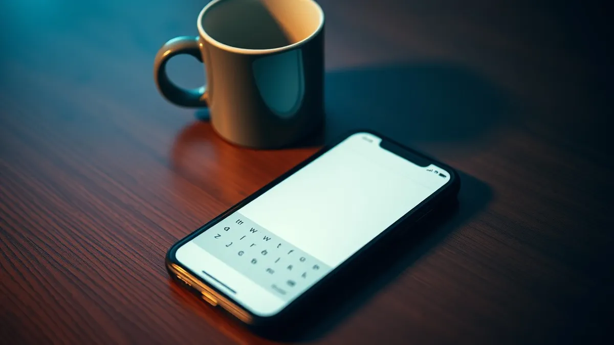 Illustration: A smartphone lies on a wooden table beside a coffee mug.