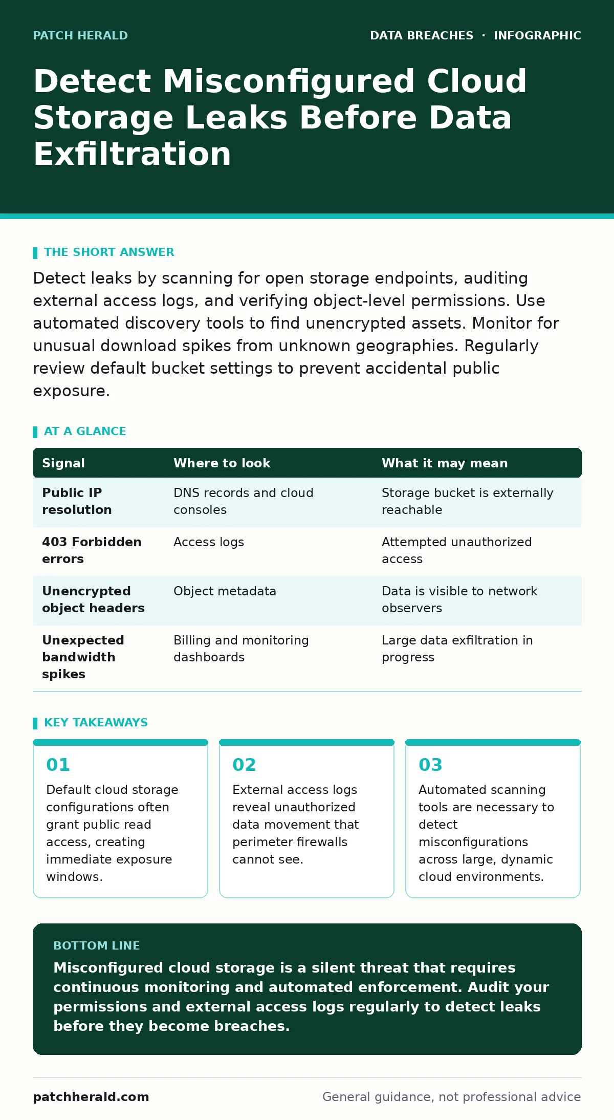 Infographic: Detect Misconfigured Cloud Storage Leaks Before Data Exfiltration. Default cloud storage configurations often grant public read access, creating immediate exposure windows. External access logs reveal unauthorized data movement that perimeter firewalls cannot see. Automated scanning too