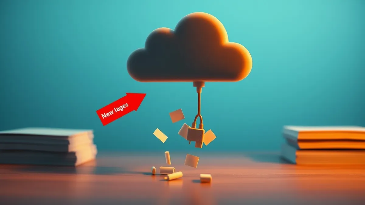 Illustration: A floating cloud icon with an open lid reveals scattered digital files drifting into the empty space below.