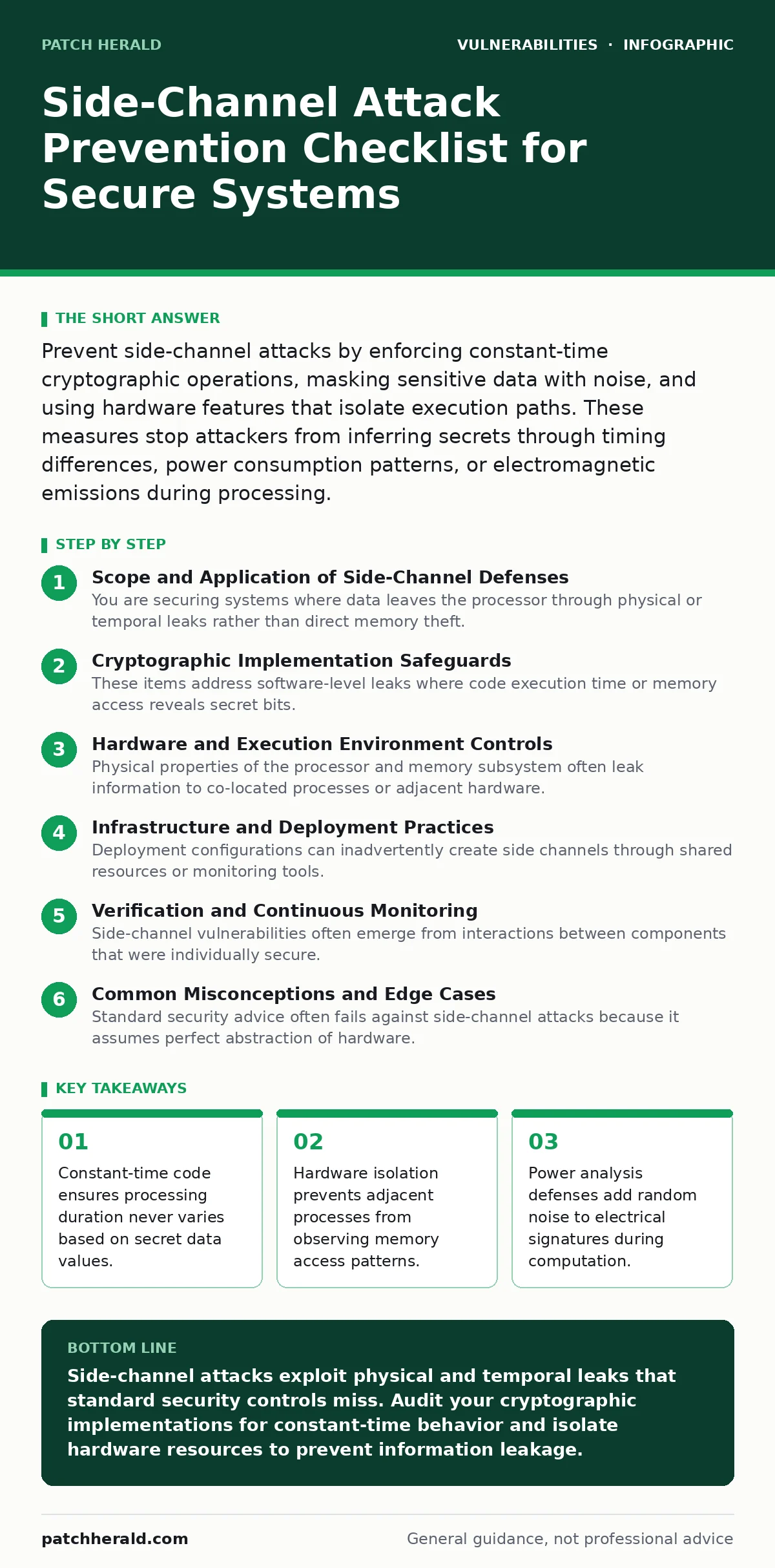 Infographic: Side-Channel Attack Prevention Checklist for Secure Systems. Constant-time code ensures processing duration never varies based on secret data values. Hardware isolation prevents adjacent processes from observing memory access patterns. Power analysis defenses add random noise to electri