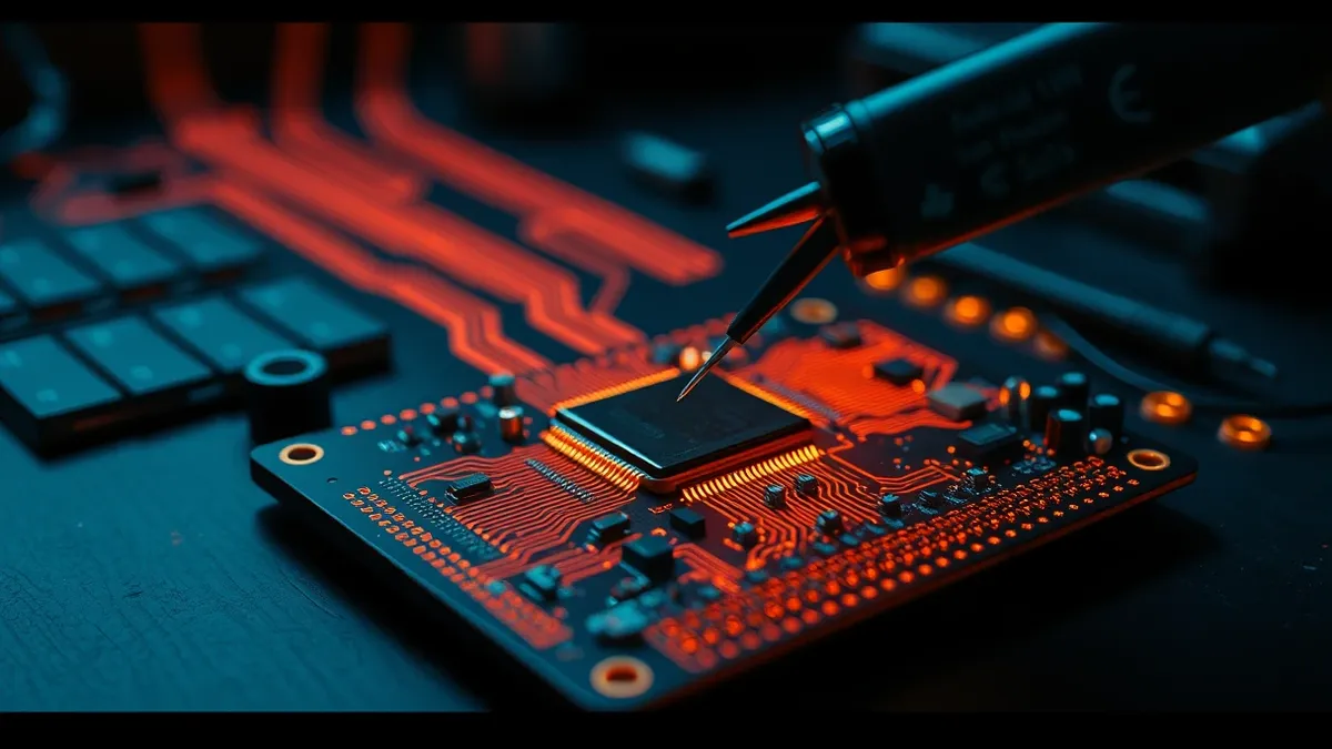 Illustration: A circuit board rests on a dark workbench, its central processor emitting faint, jagged lines of heat that distort the air.