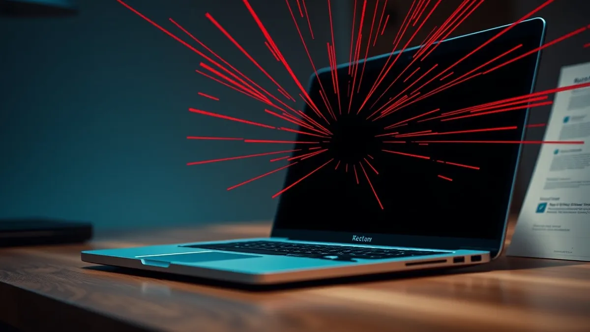 Illustration: An open laptop sits on a wooden desk with its screen displaying a blank, dark interface.