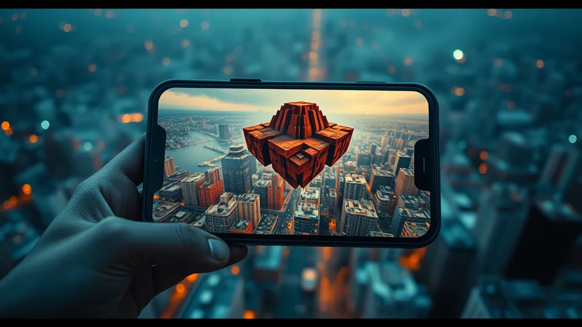 Illustration: A smartphone screen displays a blocky voxel landscape floating above a sprawling urban cityscape.