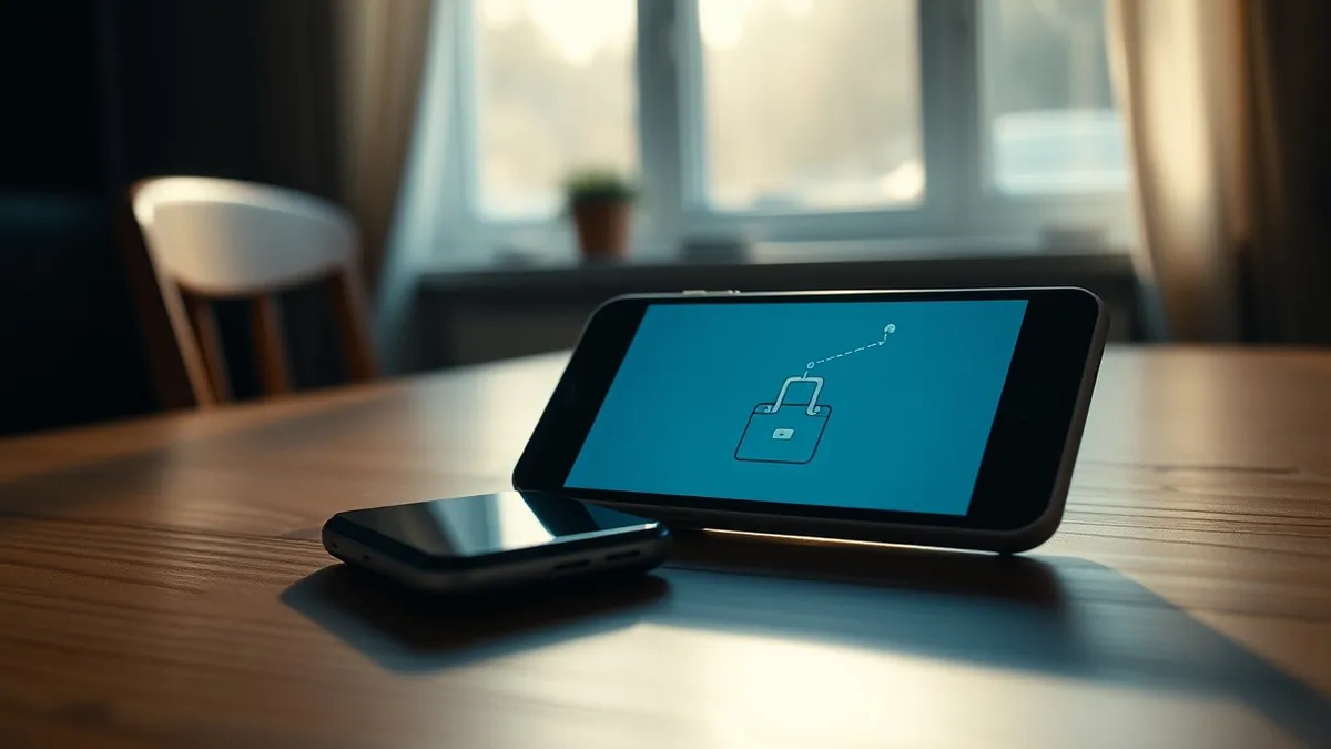 Illustration: A solitary smartphone rests on a wooden table, its screen displaying a clean interface with abstract connection nodes linking a house icon to a briefcase.