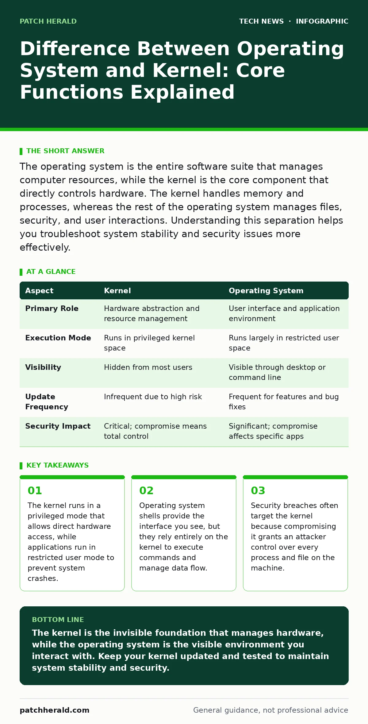 Infographic: Difference Between Operating System and Kernel: Core Functions Explained. The kernel runs in a privileged mode that allows direct hardware access, while applications run in restricted user mode to prevent system crashes. Operating system shells provide the interface you see, but they re