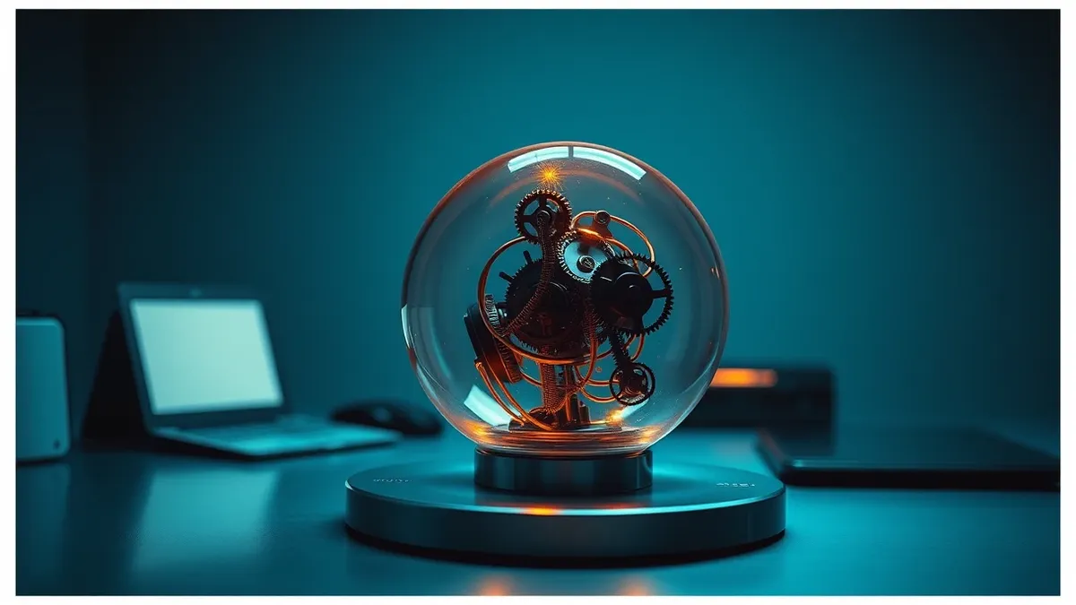 Illustration: A transparent glass sphere rests on a metal desk, revealing intricate gears and wires spinning inside.