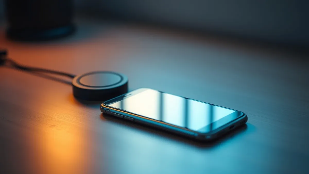 Illustration: A smartphone rests on a flat surface next to a magnetic charging puck.