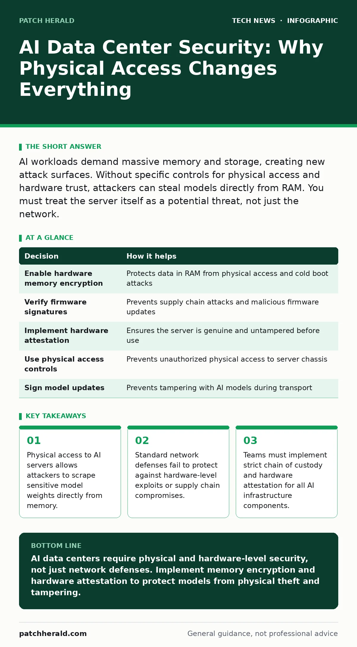 Infographic: AI Data Center Security: Why Physical Access Changes Everything. Physical access to AI servers allows attackers to scrape sensitive model weights directly from memory. Standard network defenses fail to protect against hardware-level exploits or supply chain compromises. Teams must imple
