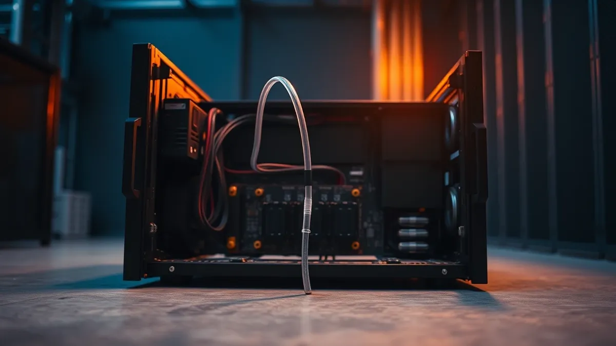 Illustration: A sleek black server chassis sits open on a concrete floor, its internal circuit boards and cooling fans exposed to the air.