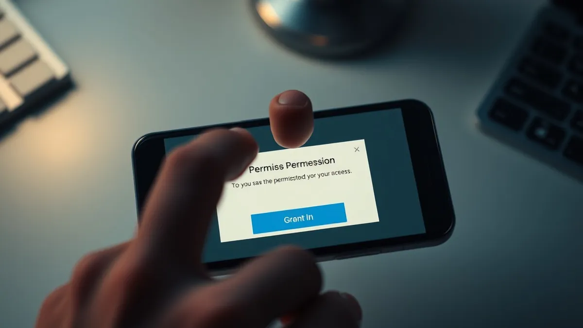 Illustration: A smartphone displays a blank permission request dialog with a prominent blue action button.