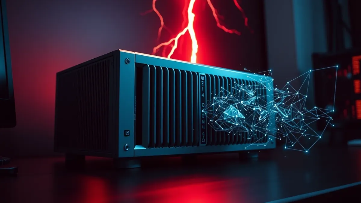 Illustration: A sleek silver server sits on a dark desk.