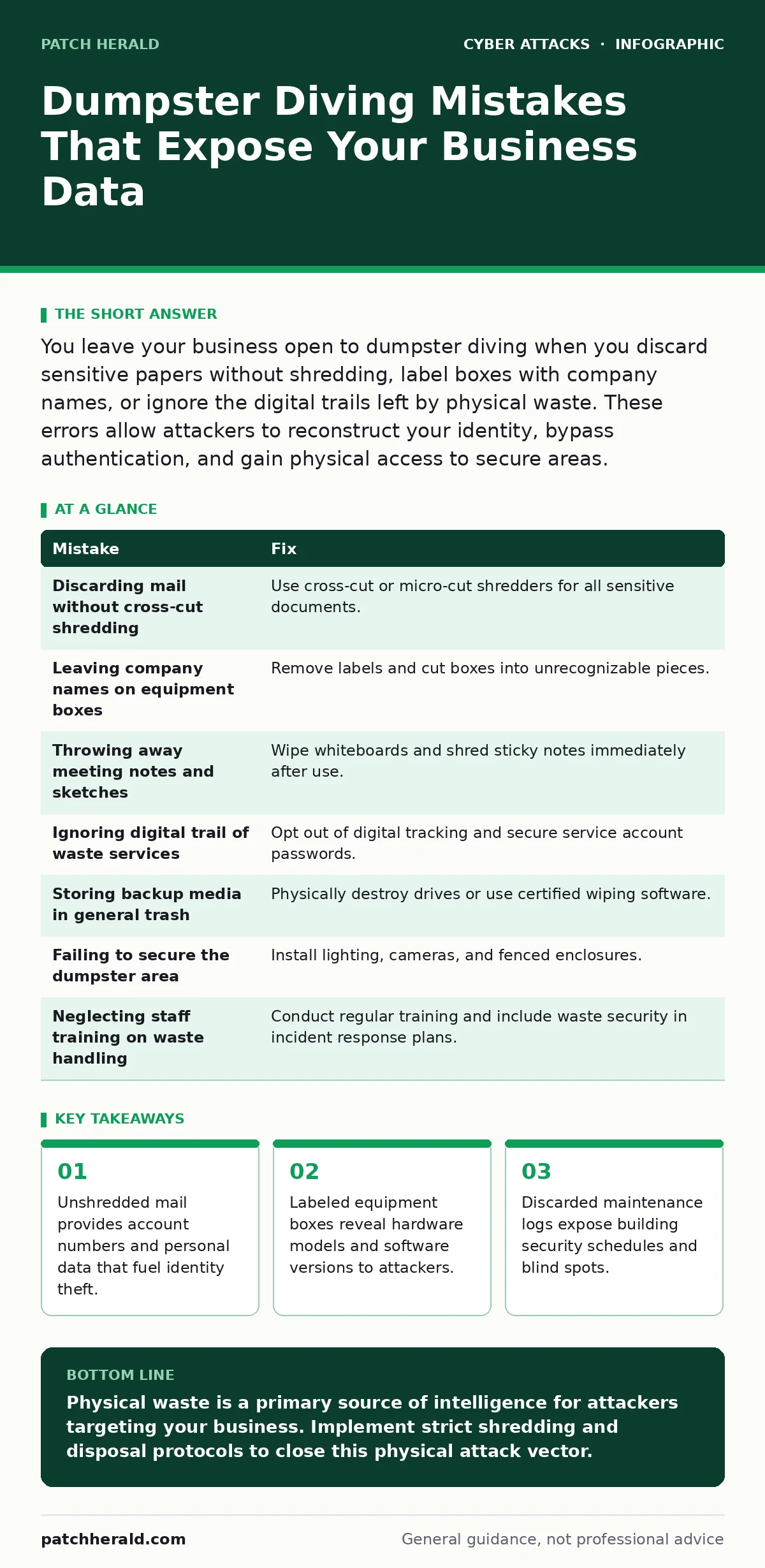 Infographic: Dumpster Diving Mistakes That Expose Your Business Data. Unshredded mail provides account numbers and personal data that fuel identity theft. Labeled equipment boxes reveal hardware models and software versions to attackers. Discarded maintenance logs expose building security schedules