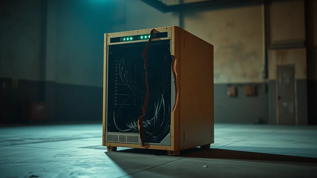 Illustration: A dusty, beige tower server sits on a concrete floor, its front panel displaying blank indicator lights.