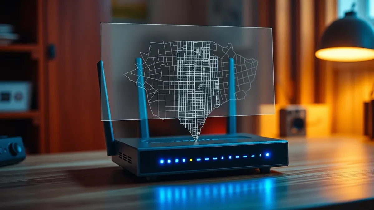Illustration: A home router sits on a wooden desk with its status lights glowing blue.