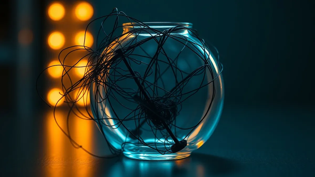 Illustration: A chaotic web of tangled strings wraps around a fragile glass core, with dark invasive threads slipping through cracks to alter the internal structure.
