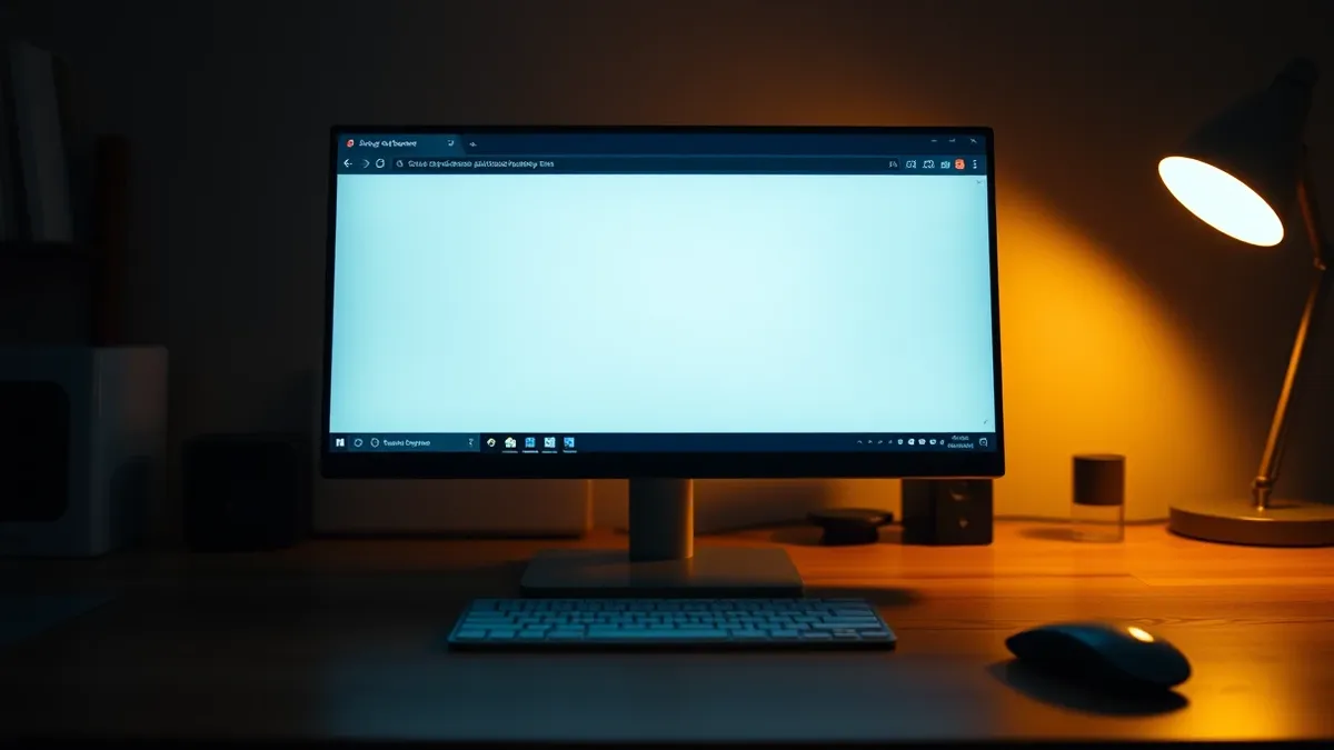 Illustration: A generic web browser window sits open on a wooden desk, displaying a blank interface with abstract geometric shapes in the sidebar.