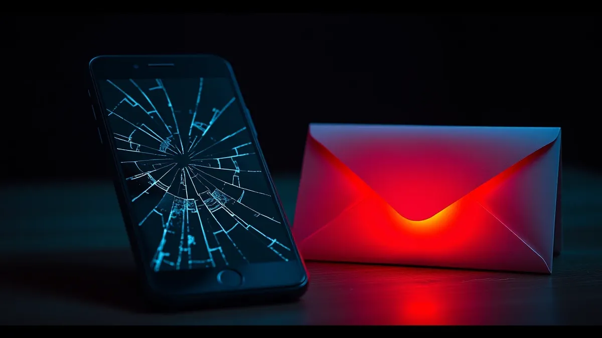 Illustration: A smartphone with cracked glass displays fragmented, jagged digital shards against a dark background.