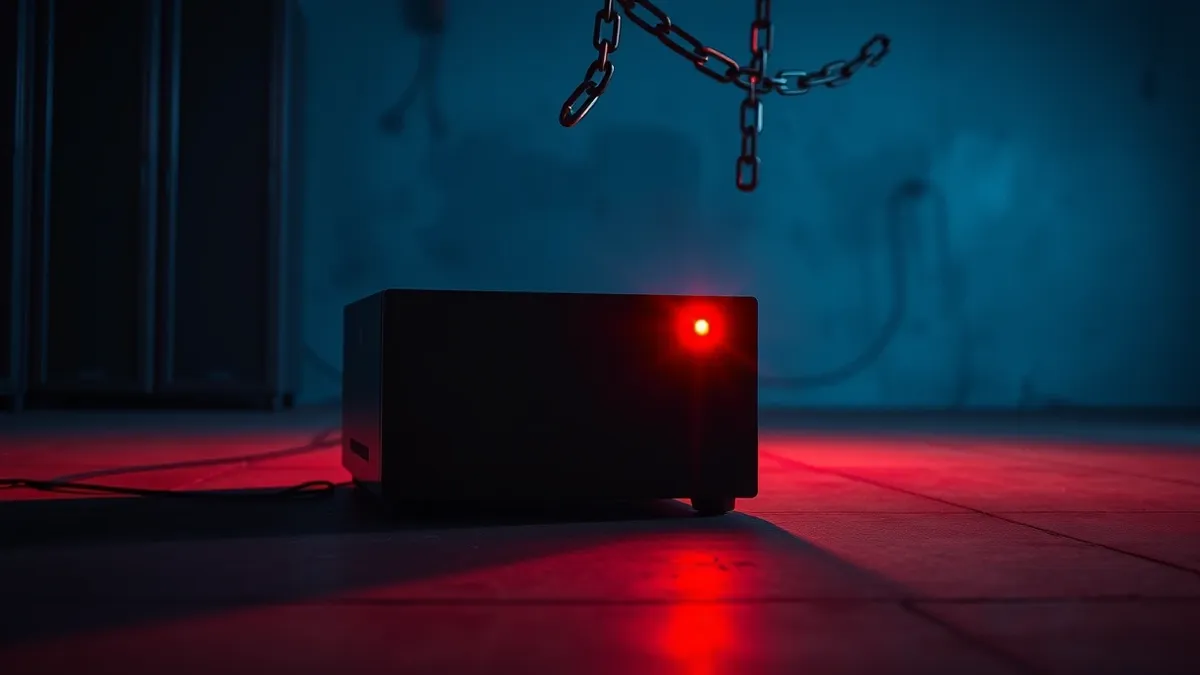 Illustration: A sleek black network appliance sits on a concrete floor with a single red warning light blinking on its blank front panel.