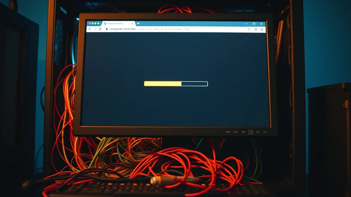 Illustration: A computer monitor displays a blank browser window with a simple upload progress bar.