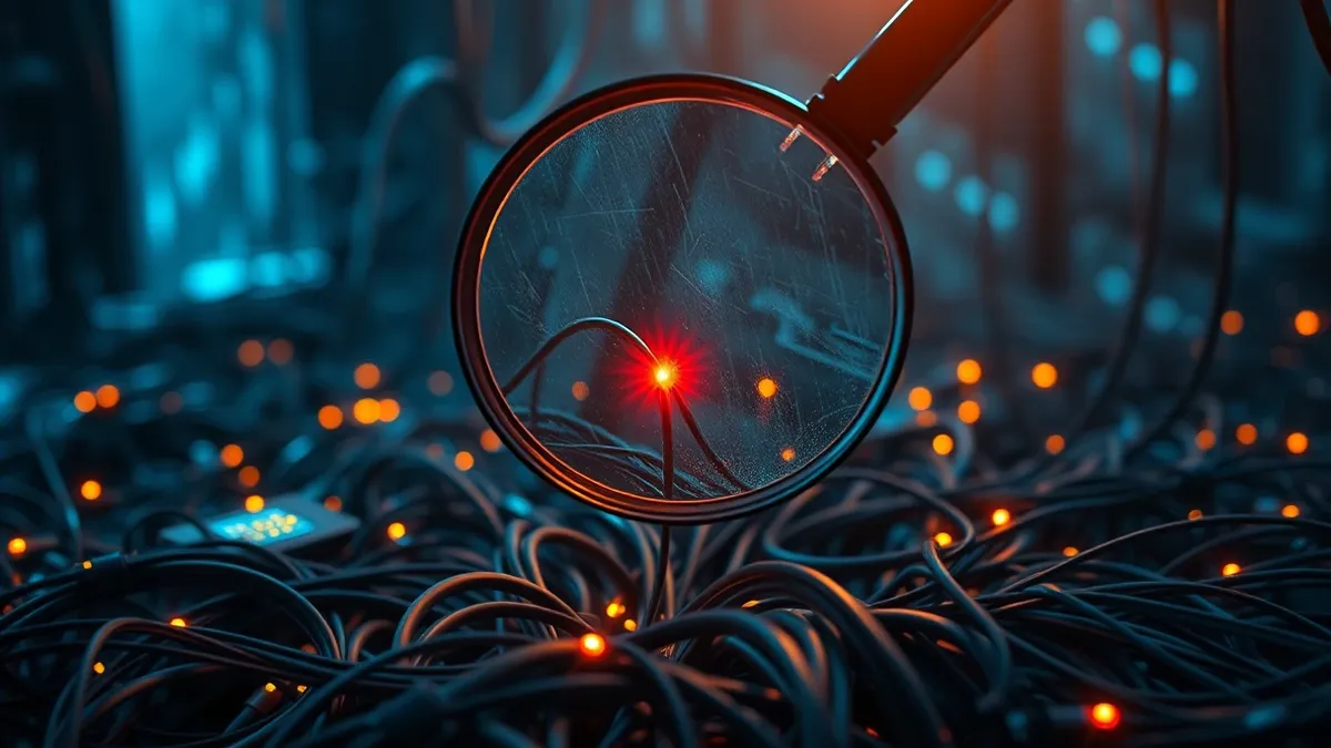 Illustration: A large magnifying glass hovers over a complex network of tangled cables and glowing nodes.