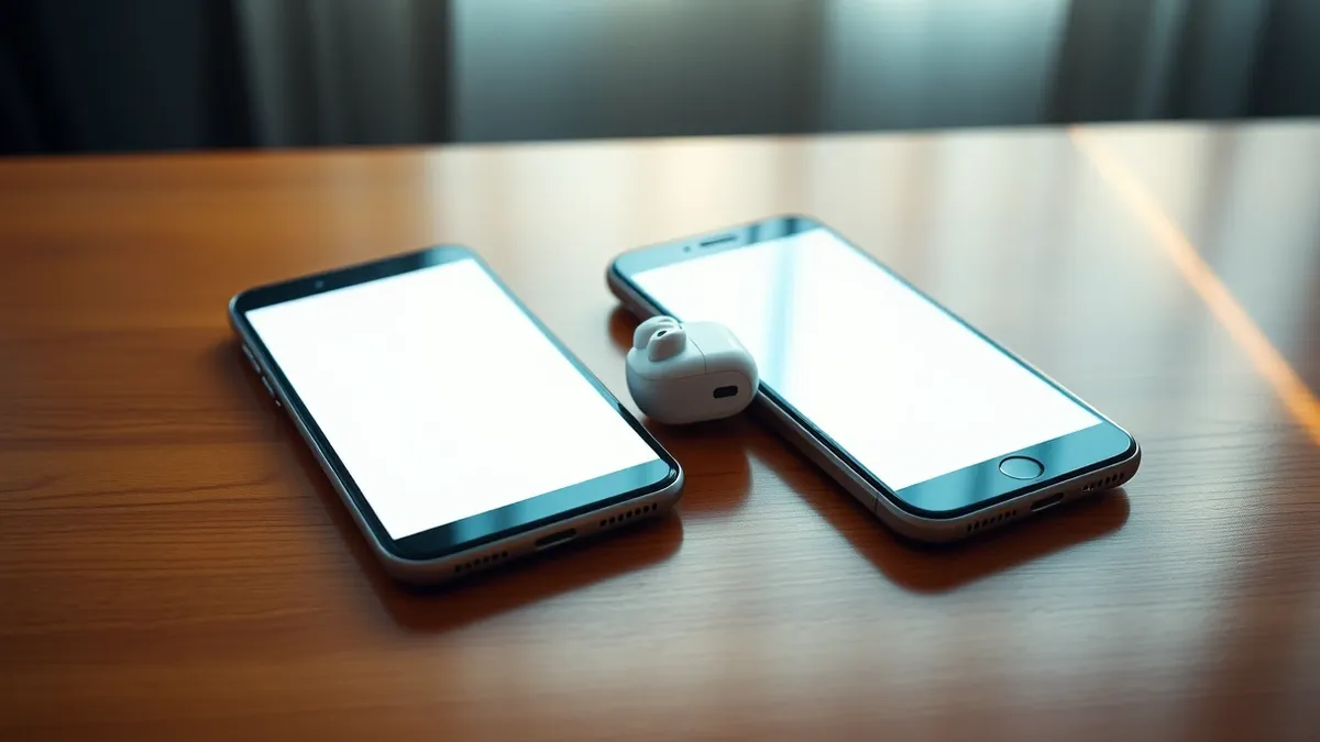 Illustration: Two sleek smartphones rest side by side on a polished wooden table, their screens glowing with blank, minimalist interfaces.